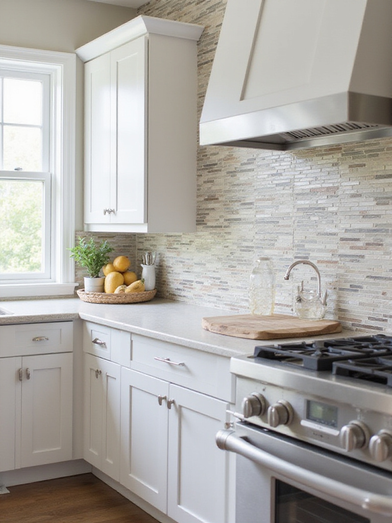Modern kitchen with newly installed stylish backsplash, showcasing a blend of peel-and-stick and ceramic tiles.