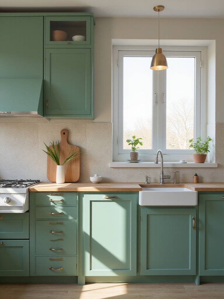 A professional photo of a green kitchen cabinet setup showcasing balanced design elements.