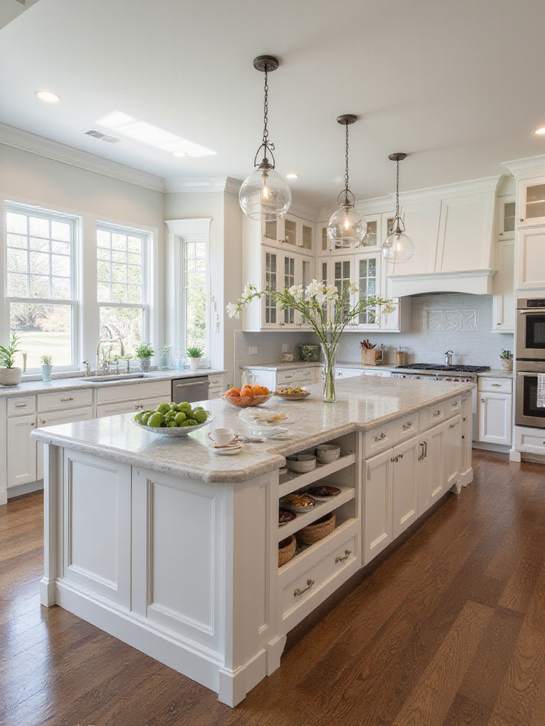 Professional kitchen design featuring an island with integrated cabinets, showcasing storage solutions.