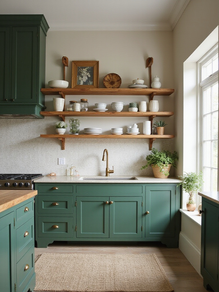 A kitchen with green cabinets and open shelving, featuring curated decor items.