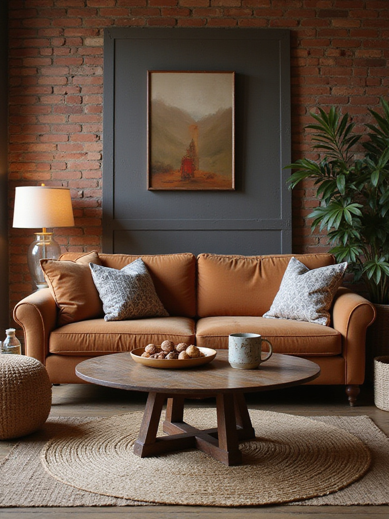 Eclectic living room showcasing diverse textures and materials including velvet, wood, and jute.