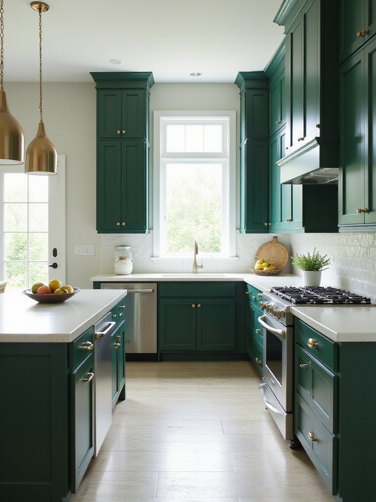 A modern green kitchen with deep forest green cabinets and white countertops, showcasing contemporary design elements.