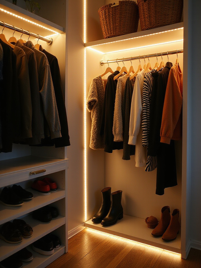 Illuminated closet interior with LED lights showcasing organized clothing and accessories