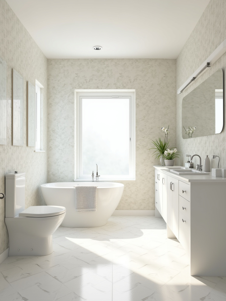 Bright and airy bathroom with light wallpaper and a large mirror