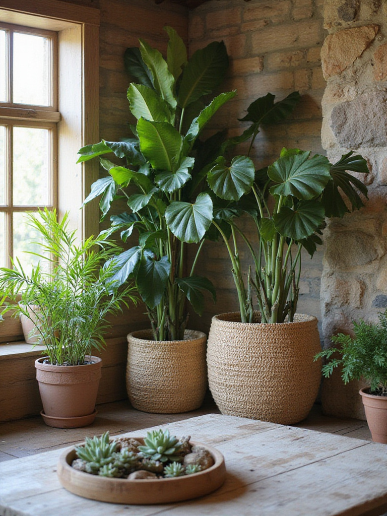 A rustic living room adorned with various indoor plants, including a large Fiddle Leaf Fig and a collection of succulents on a coffee table.