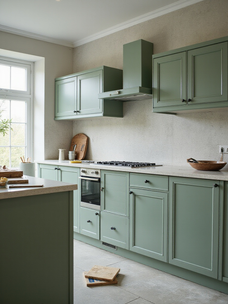 Modern kitchen with green cabinets and installation tools