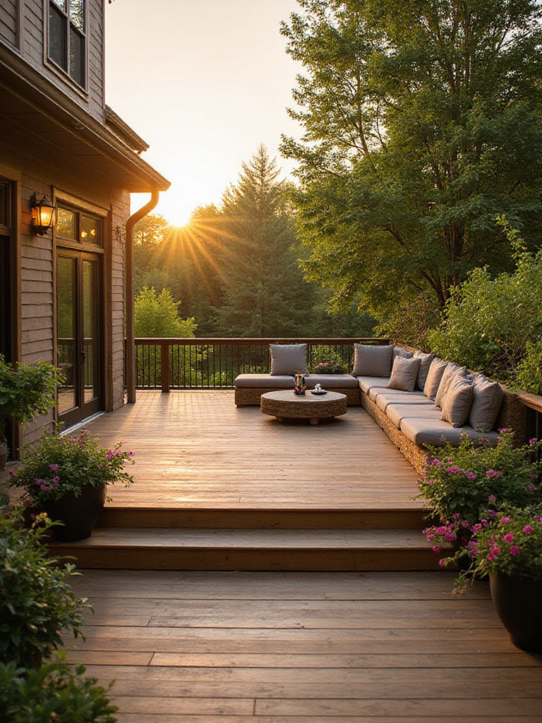 A stunning deck with built-in seating surrounded by greenery, showcasing a cozy outdoor living space.