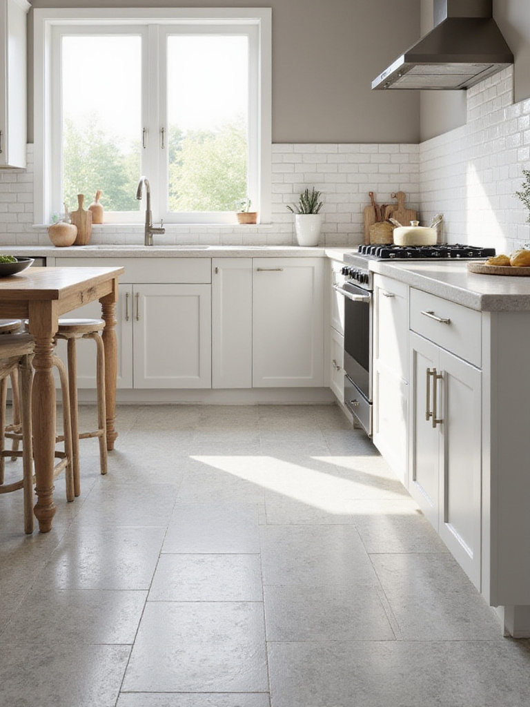 A modern kitchen featuring neutral tile bases with light gray and white tiles, showcasing versatility and timeless design.