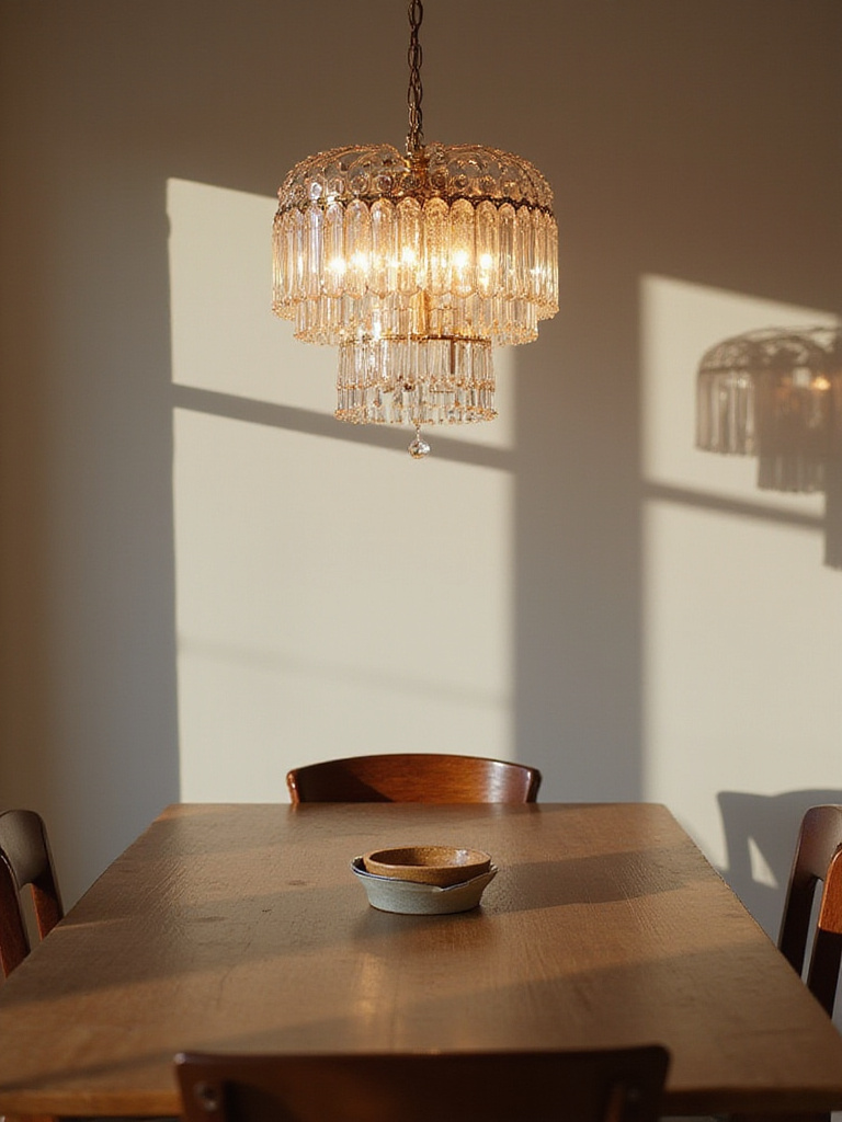 Elegant chandelier above a dining table in a well-lit dining room