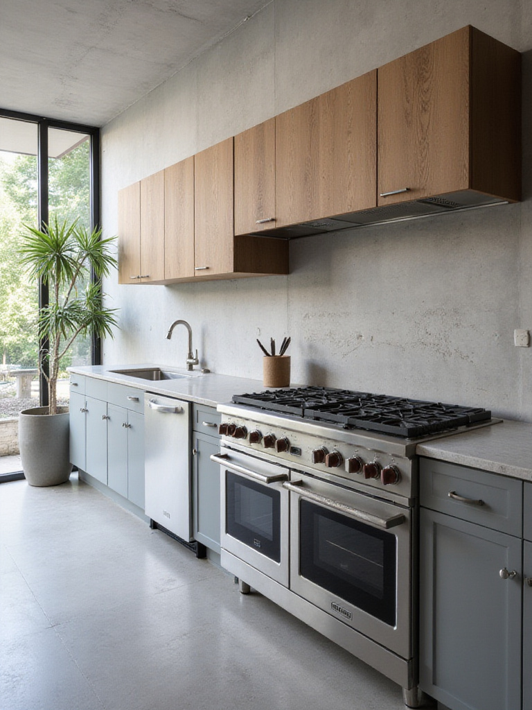 Modern kitchen with raw concrete backsplash and stainless steel appliances