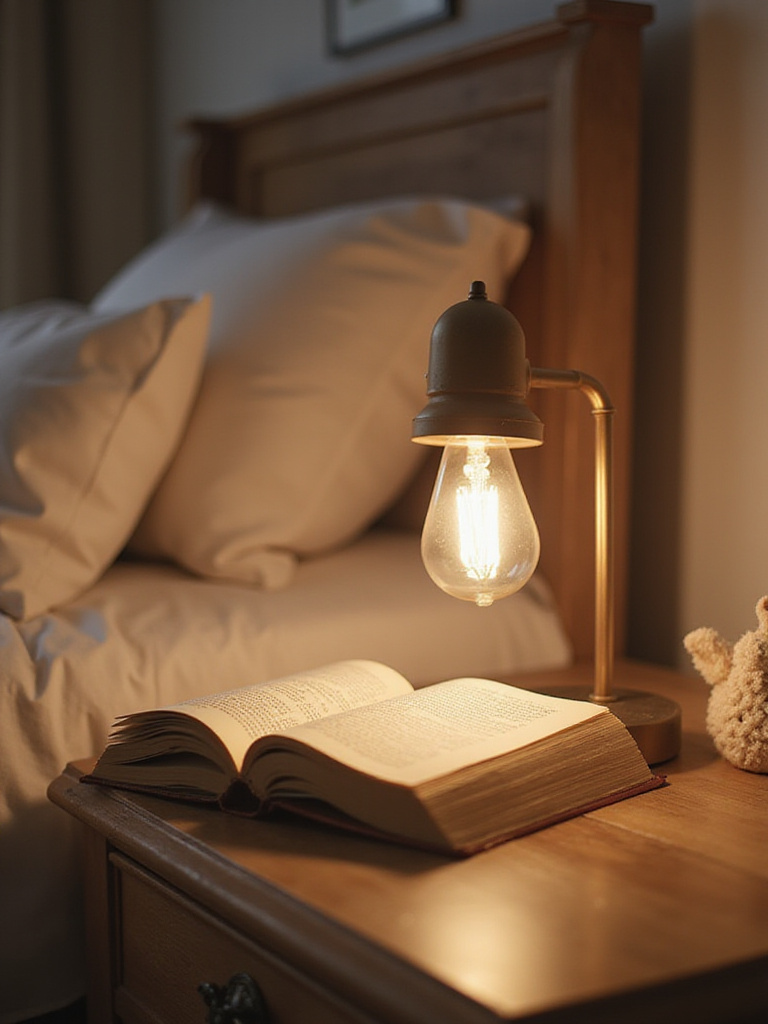 Stylish bedside lamp illuminating a book on a cozy bedside table