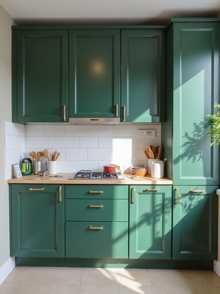 Split view of DIY and Professional installation of green kitchen cabinets.