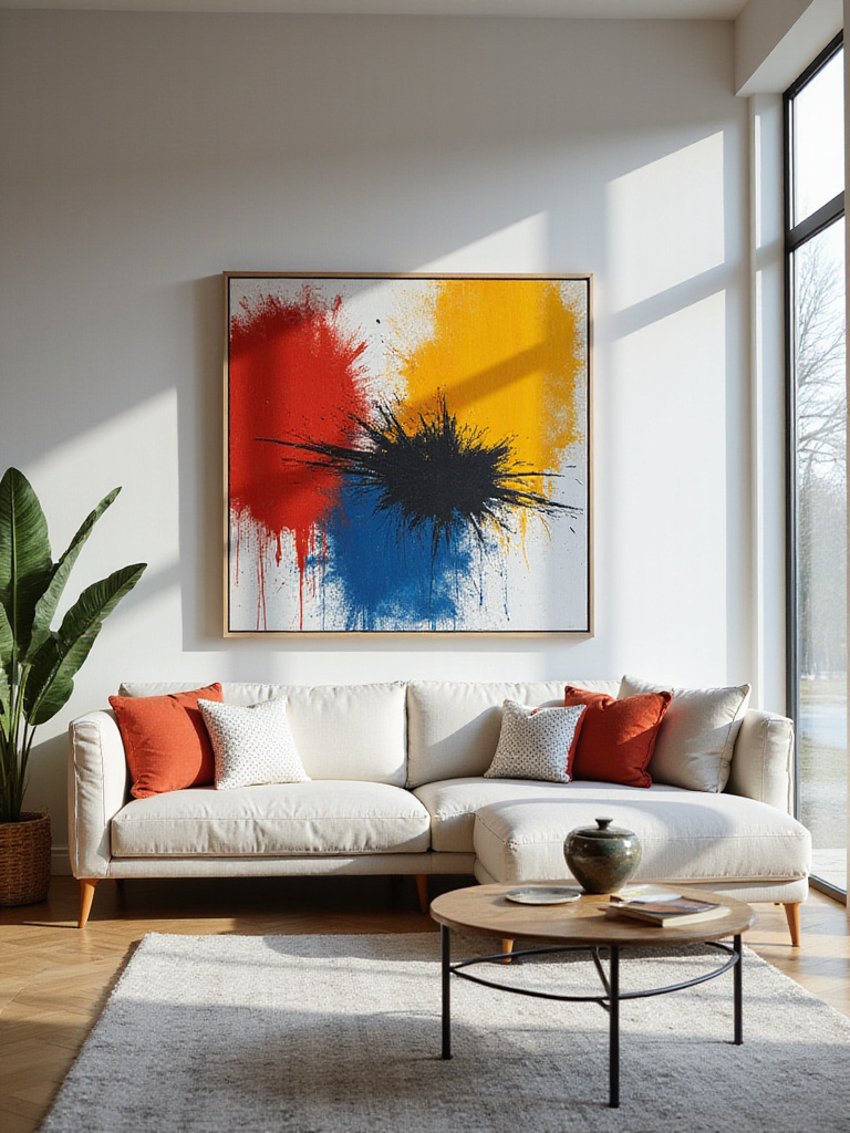 Modern living room with bold abstract art as focal point.