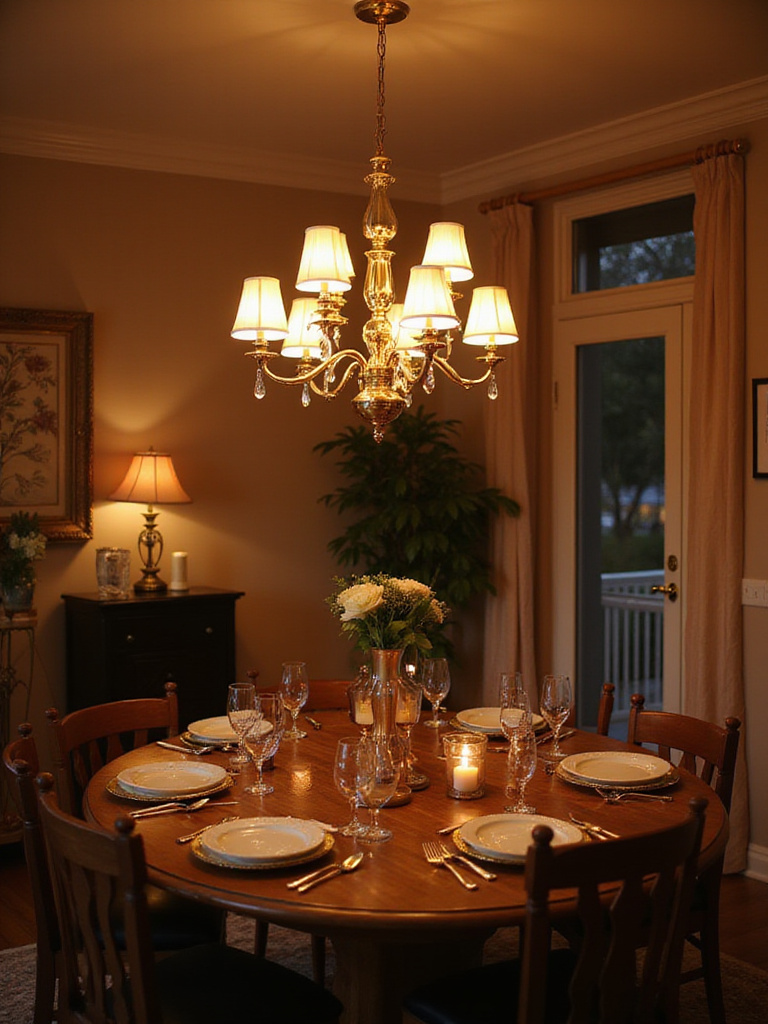 Elegant dining room with chandelier and warm LED bulbs creating an inviting ambiance.