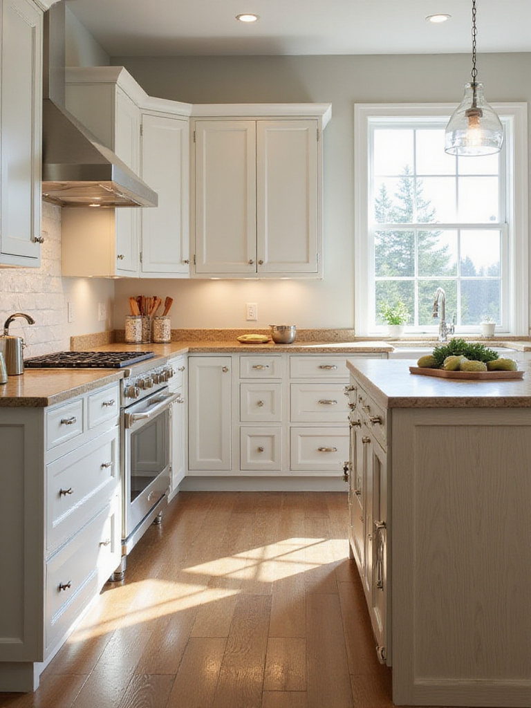 Modern kitchen showcasing various cabinet door styles with natural lighting and elegant design.