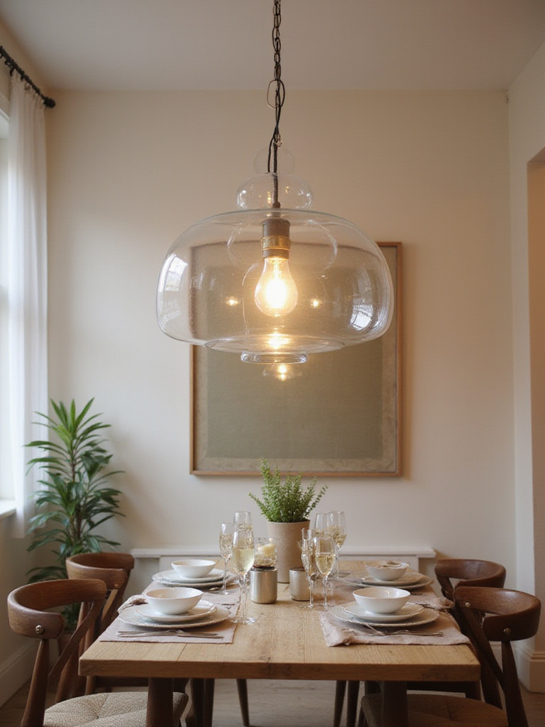 A modern space-saving chandelier above a small dining table in a cozy dining room.