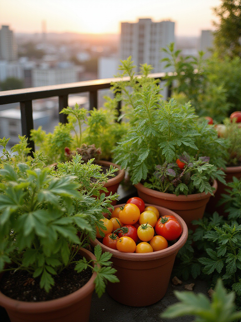 Vibrant container garden with vegetables on a balcony