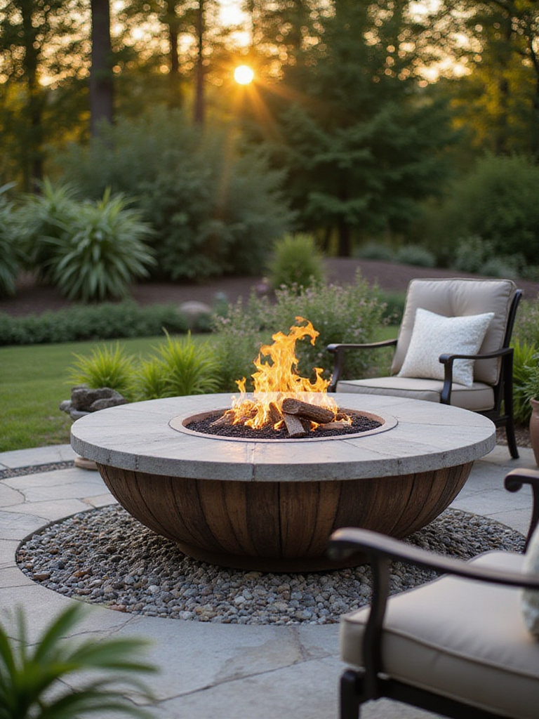 An outdoor firepit made of stone, metal, and concrete in a vibrant backyard setting.