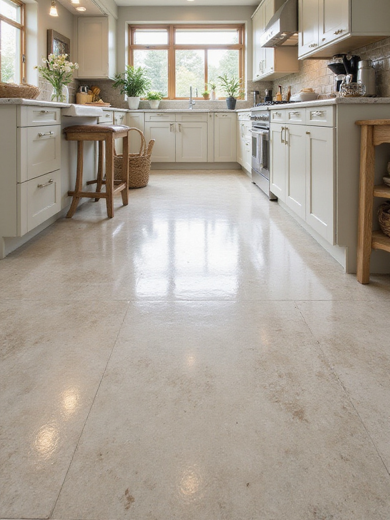 Stylish kitchen featuring durable ceramic or porcelain tiles with modern cabinetry.