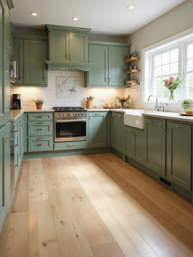 A well-designed kitchen featuring green cabinets and light oak flooring.