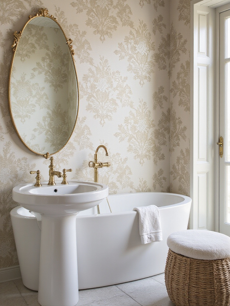Elegant bathroom featuring moisture-resistant vinyl wallpaper with floral patterns and a stylish mirror.