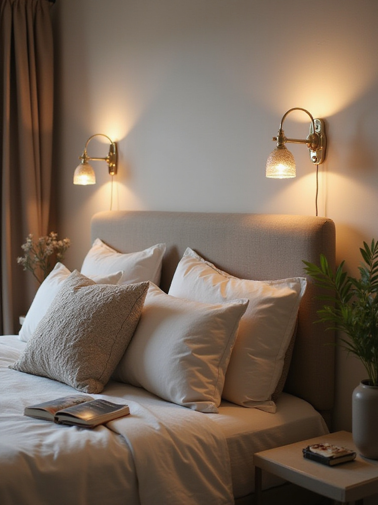 Styled bedroom with plug-in wall sconces illuminating the space