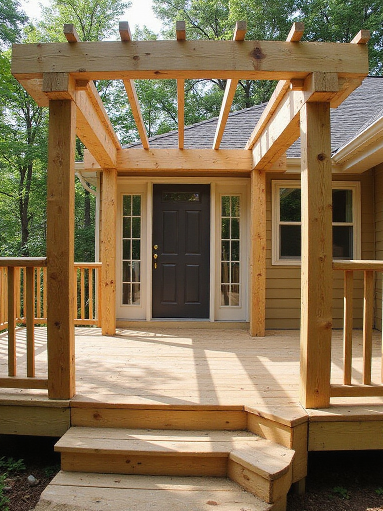 Beautifully constructed deck frame made from pressure-treated lumber, showcasing structural components.
