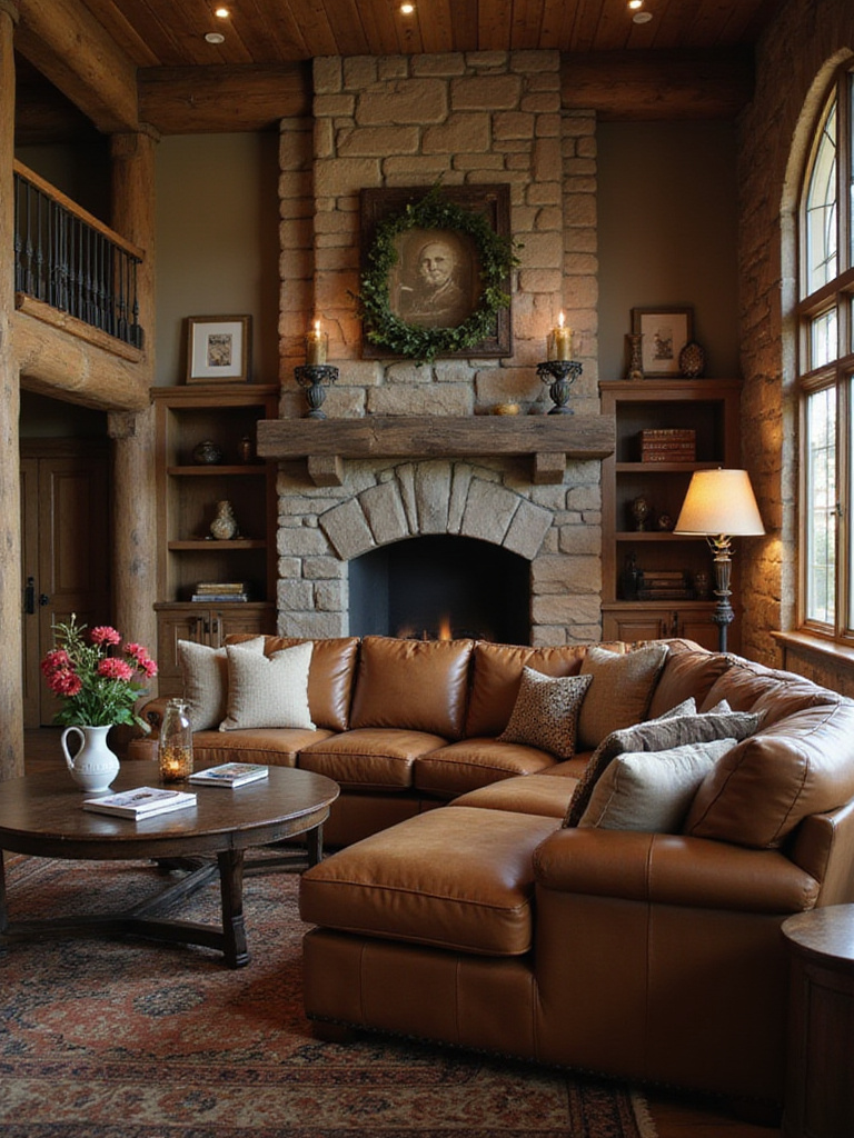 Rustic living room featuring oversized leather sectional sofa by a stone fireplace