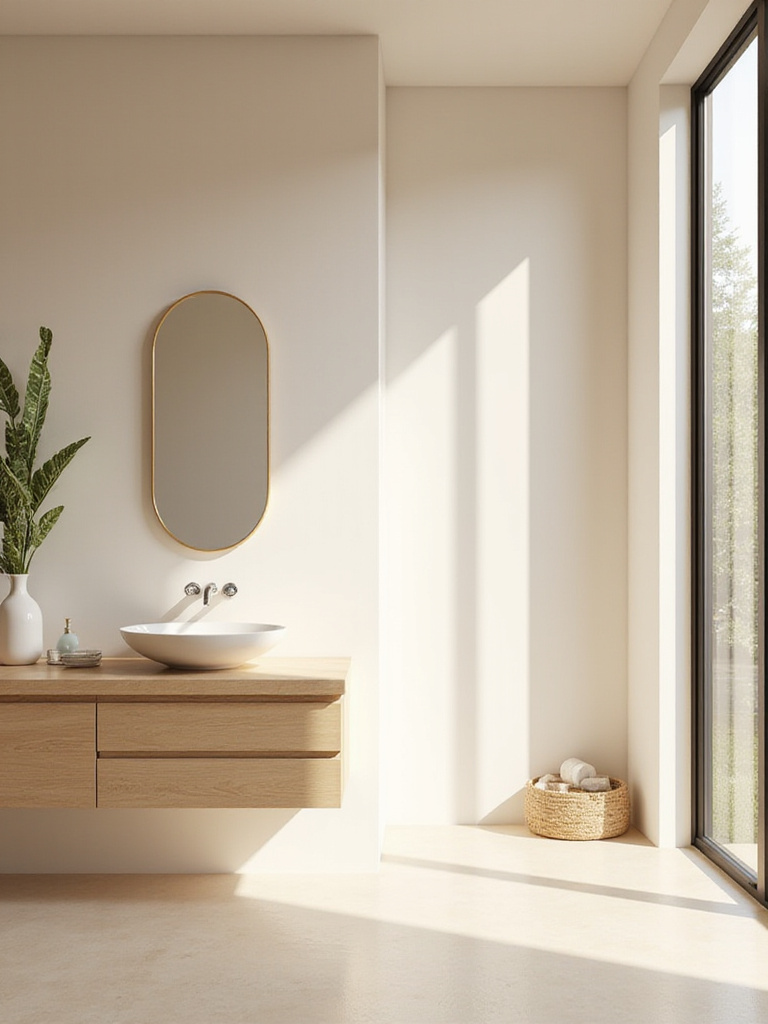 Minimalistic bathroom with serene neutral palette, no people
