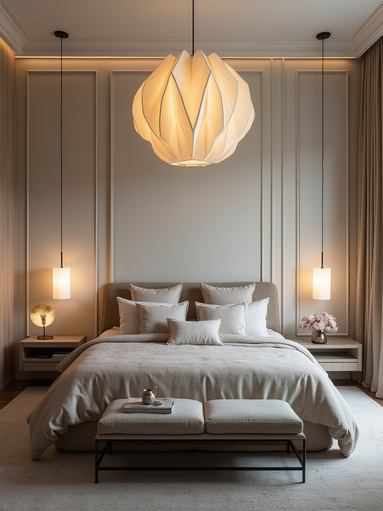 Stylish bedroom with a statement light fixture above the bed, showcasing elegant decor and warm lighting.