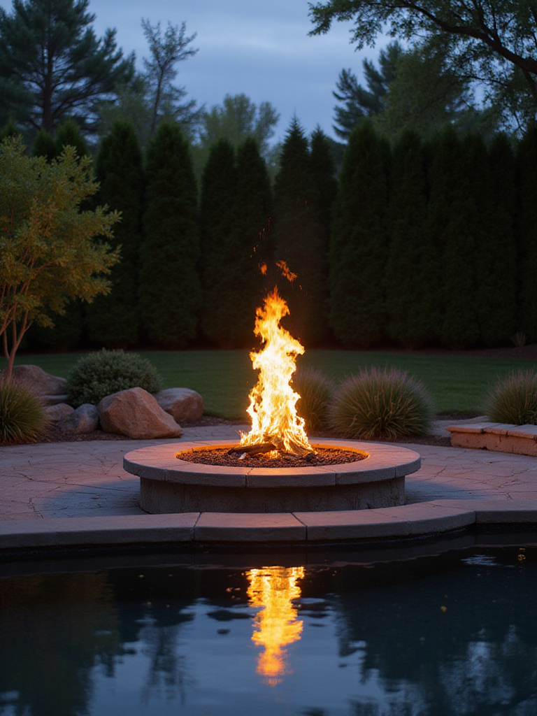A beautiful backyard featuring a firepit integrated with a reflecting pool, showcasing the interplay of fire and water at twilight.