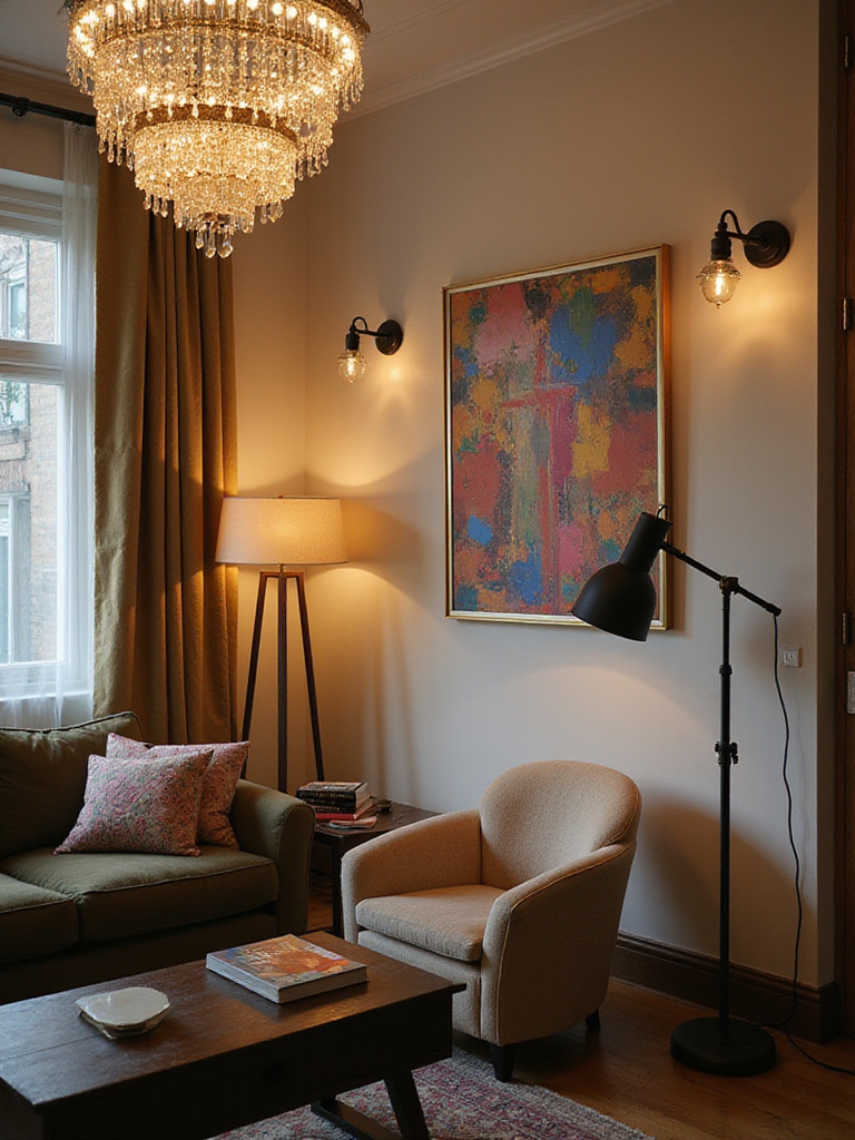 Eclectic living room with mixed lighting styles including a chandelier, sconces, and a floor lamp