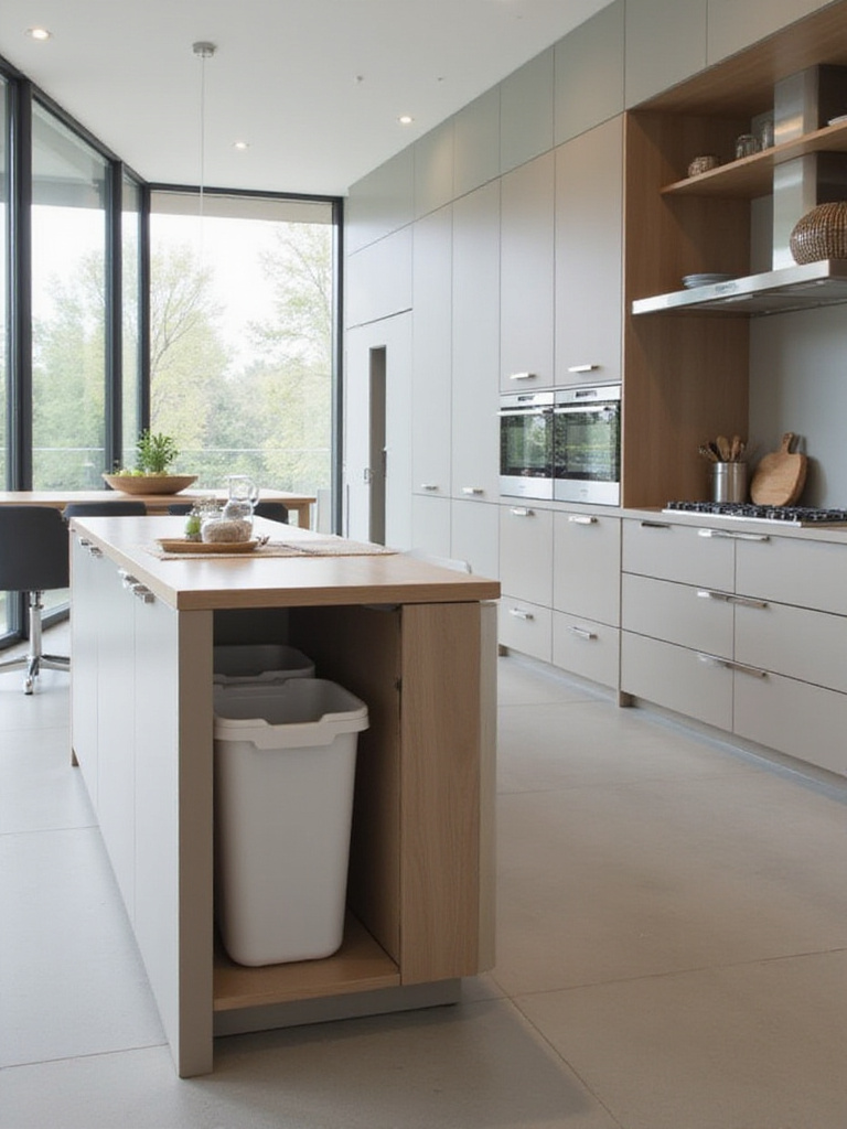 Modern kitchen island with concealed waste bins