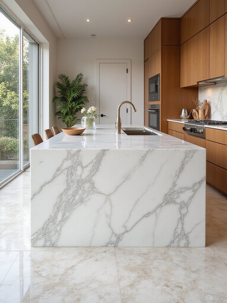 Luxurious kitchen featuring natural stone elements like marble and granite tiles.