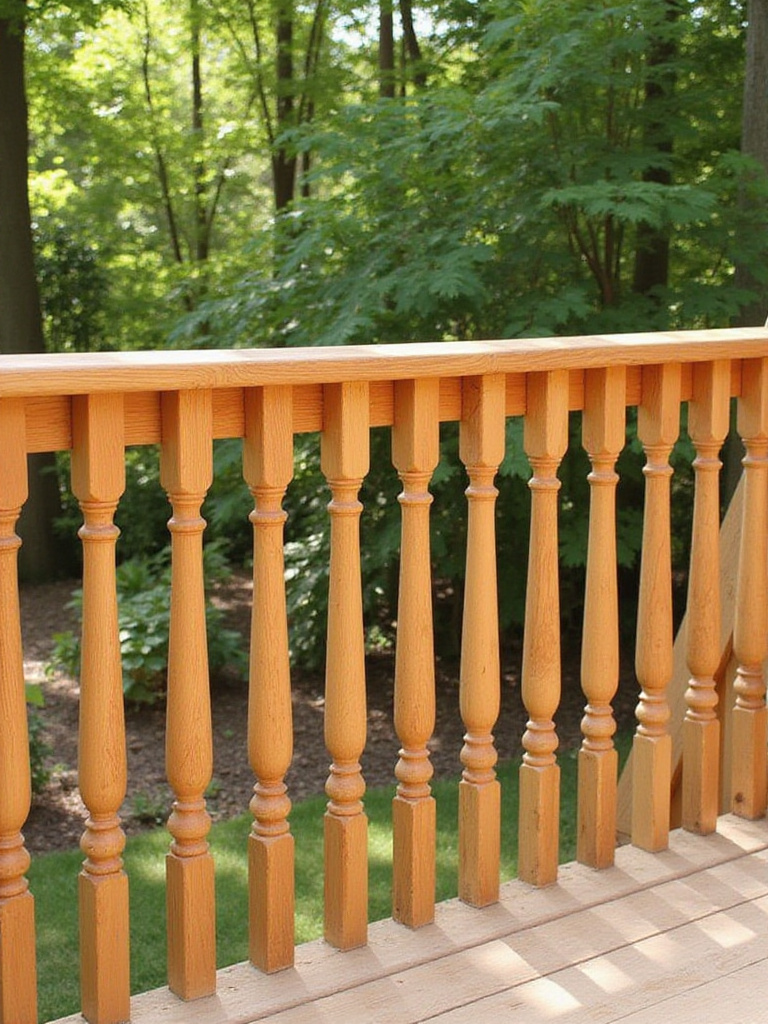A close-up view of a DIY deck railing made from wood, displaying vertical balusters and a horizontal rail, set in a serene garden.