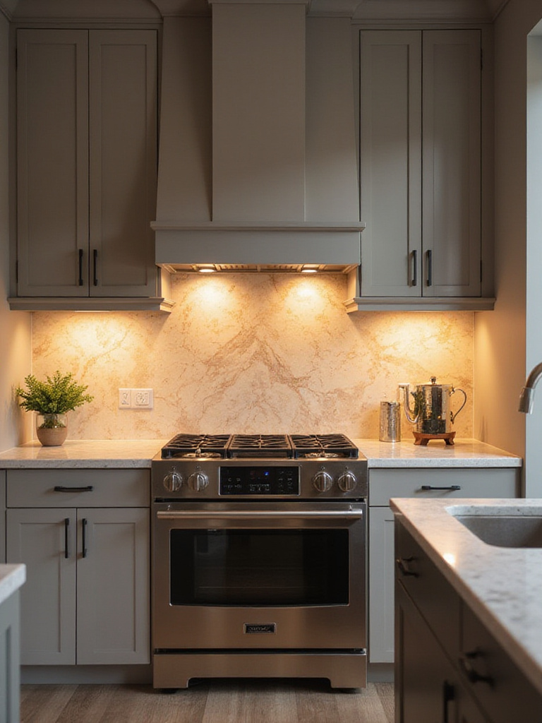 Modern kitchen with backlit onyx backsplash glowing under soft LED lighting.