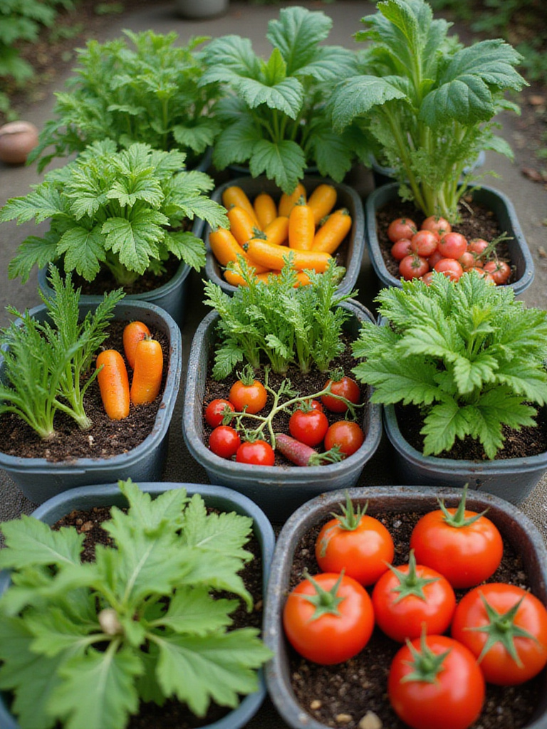 Container garden showcasing succession planting with various vegetables at different growth stages.