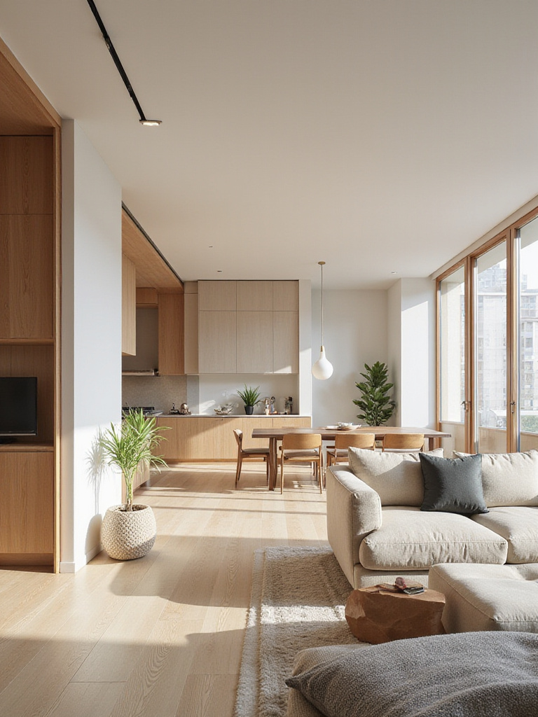 Professional photo of a harmonious open-concept living space with consistent design elements.