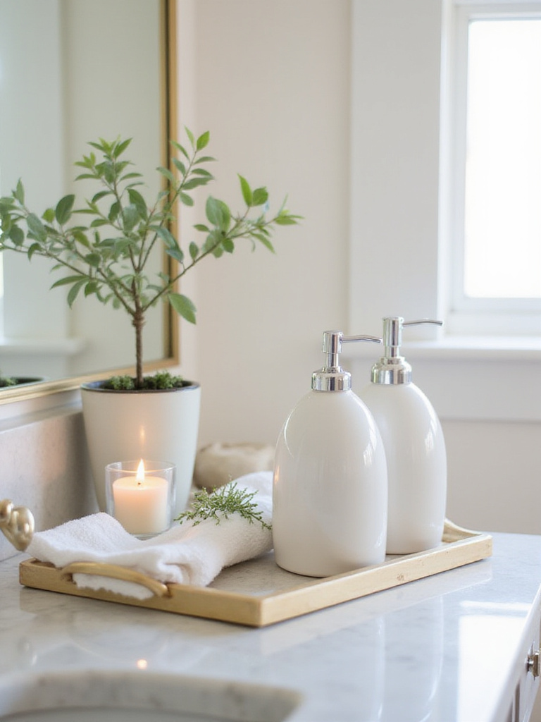 Elegant bathroom vanity with matching ceramic soap dispensers and decorative accessories.