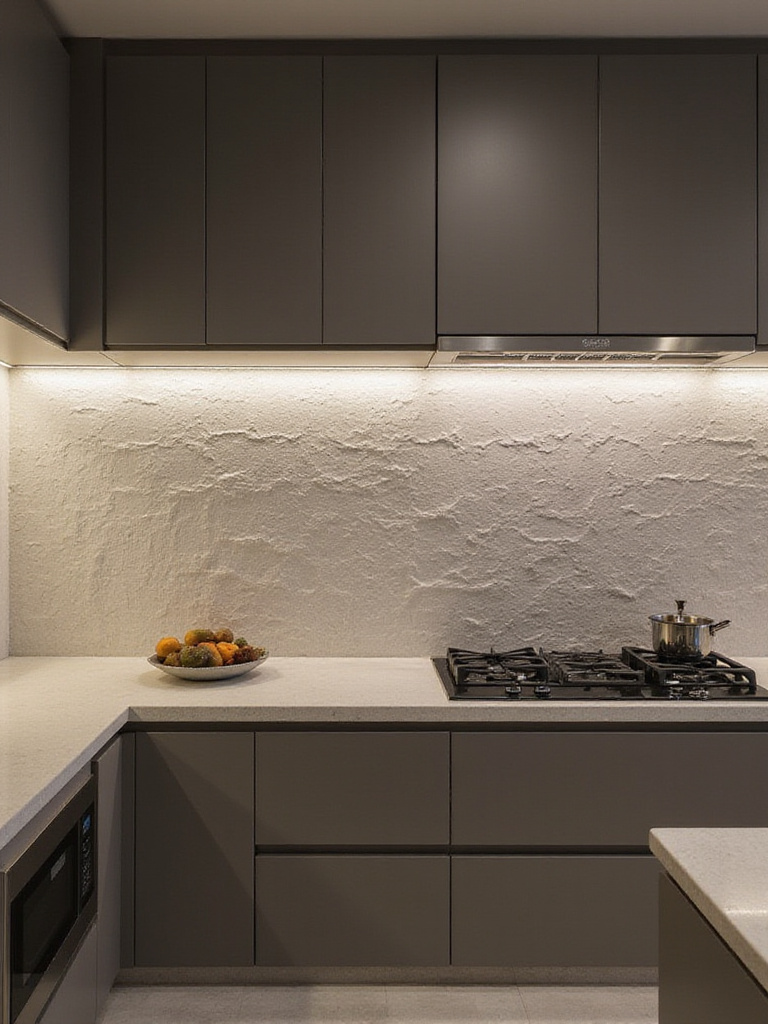 Modern kitchen with textured 3D tile backsplash creating depth and visual interest