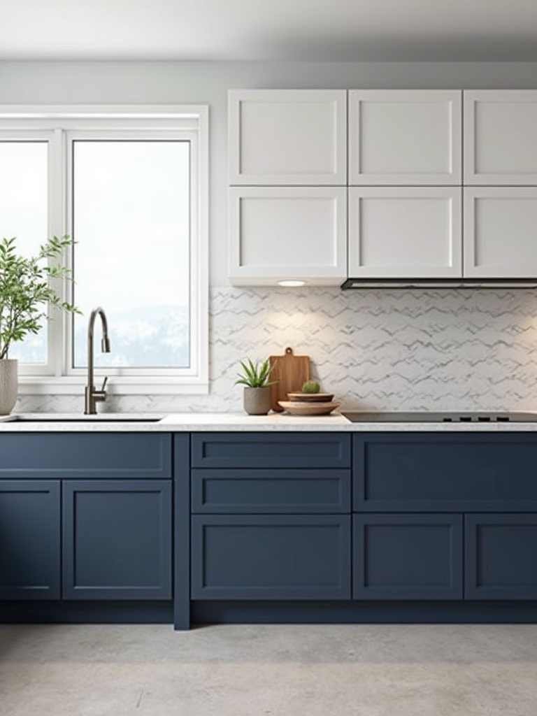 Modern kitchen with two-tone cabinetry in navy blue and white