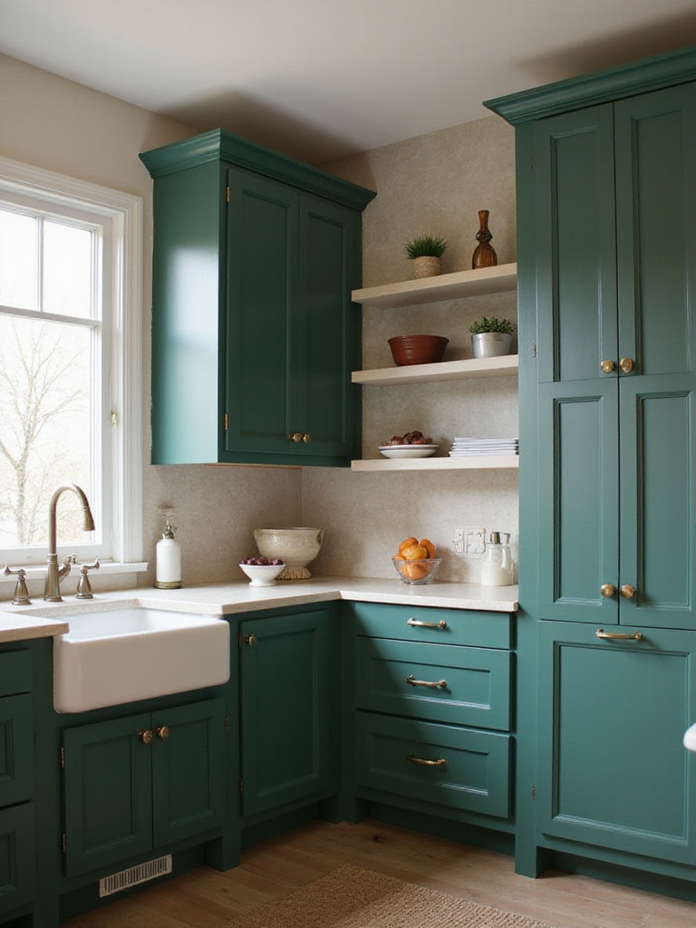 Kitchen with green cabinets and greige accent wall