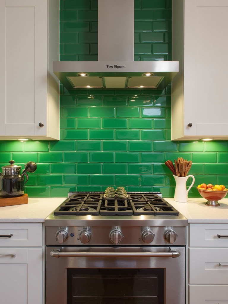 Vibrant emerald green tile backsplash in a modern kitchen