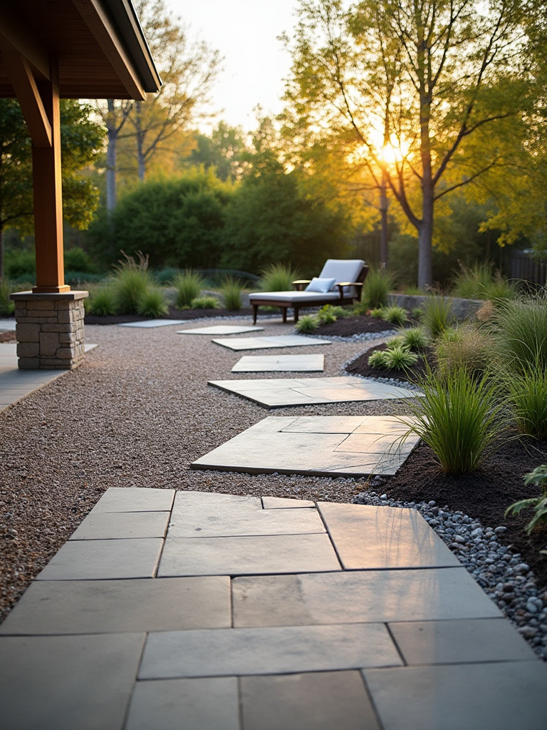 An inviting gravel and paver patio setup showcasing elegant pathways and seating areas.