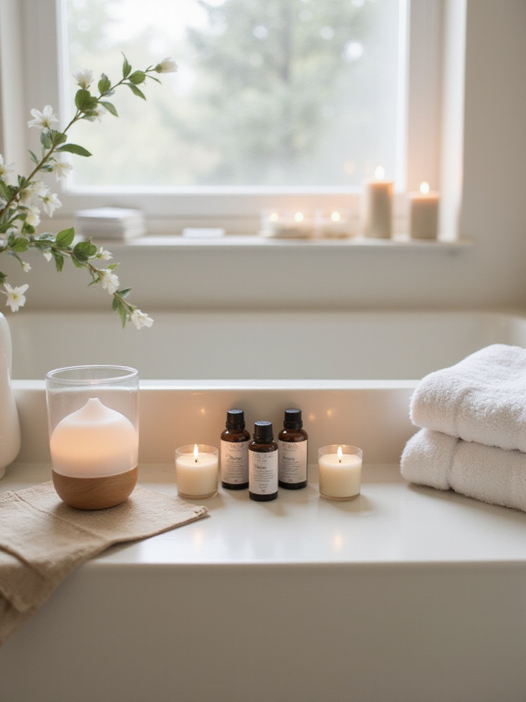 Stylish bathroom with luxurious scented candles and diffusers