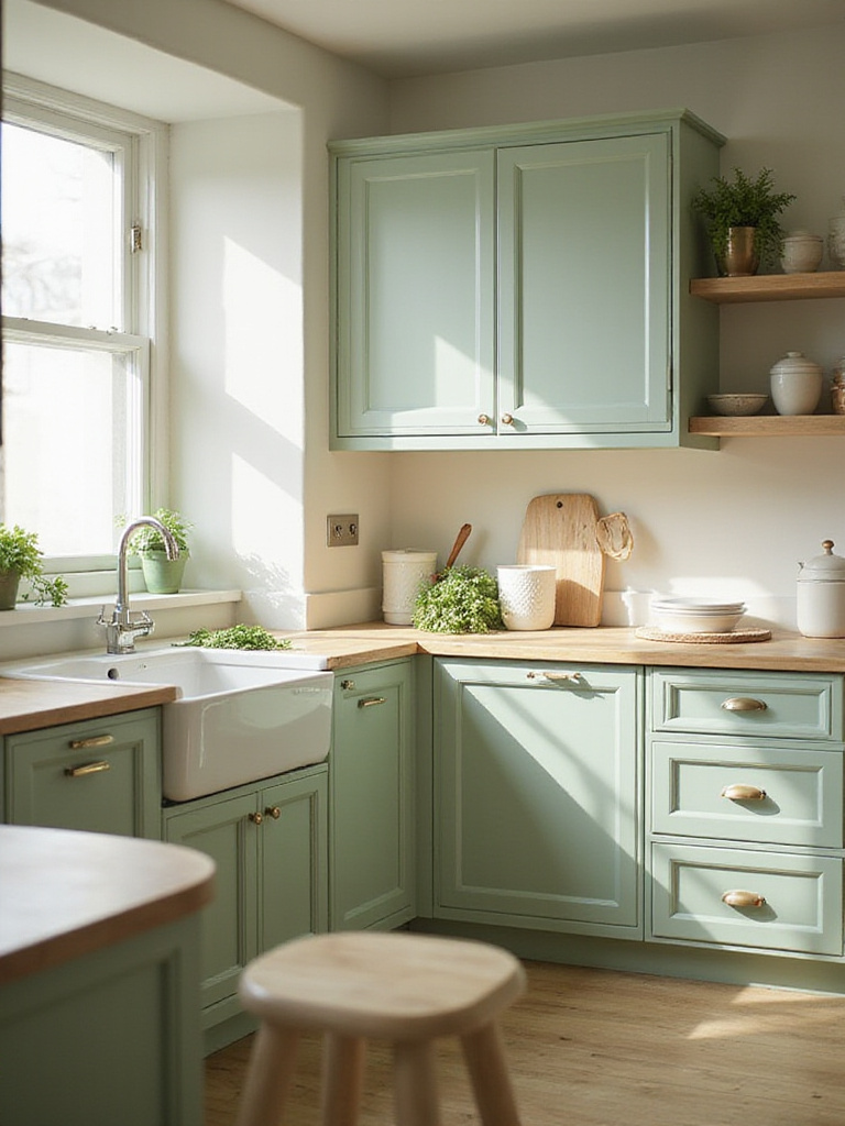 A serene kitchen with green cabinets and natural light, showcasing a calming atmosphere.