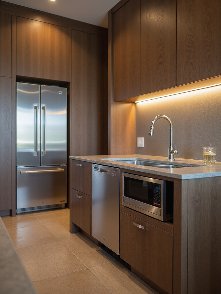 Modern kitchen island with integrated appliances behind custom cabinetry