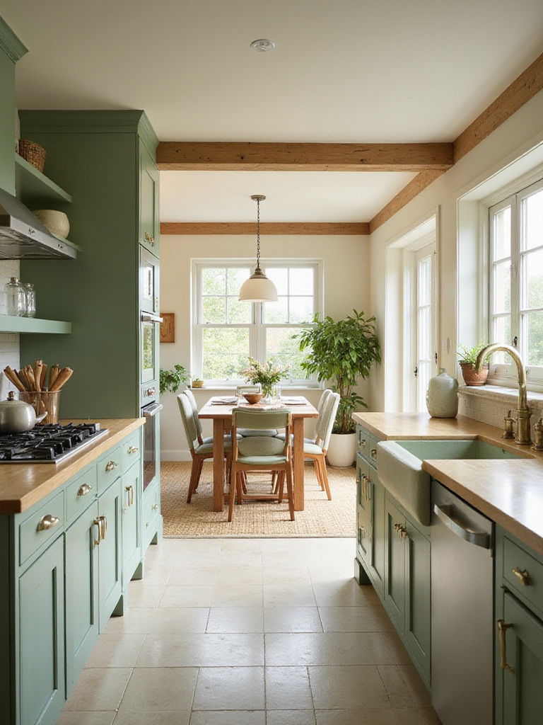 A seamless green kitchen connecting to a dining area, showcasing harmonious design elements.
