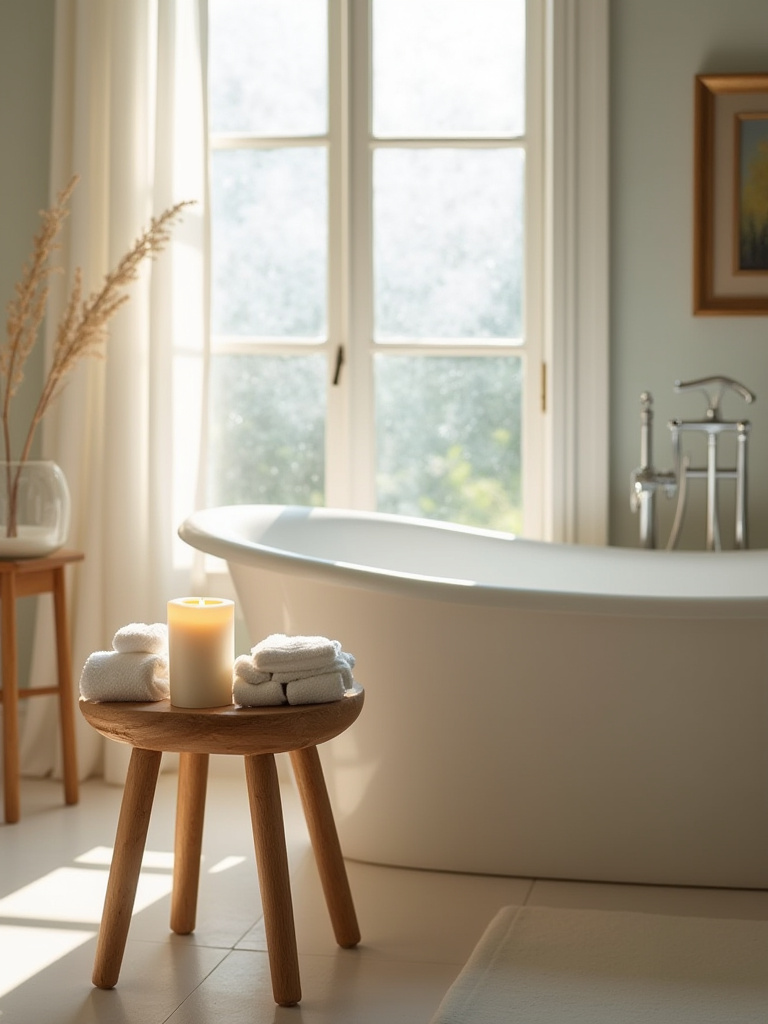Small wooden stool beside a freestanding bathtub in a stylish bathroom