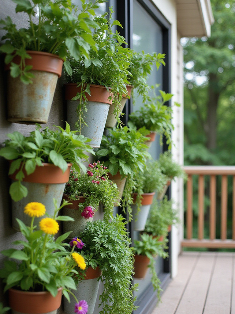 A vibrant DIY vertical garden on a deck showcasing various herbs and flowers.
